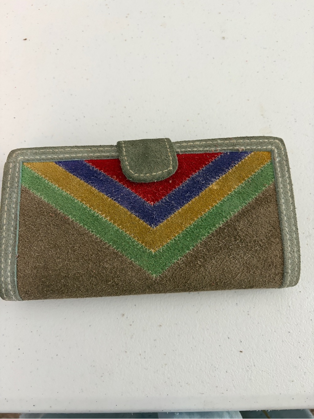 Authentic 1970s Women’s Suede Chevron Wallet in Brown with Multicolor Trim